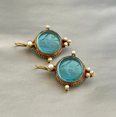 Blue Round Intaglio Earrings, Victorian Bridal Style, Gold Plated, photo 4
