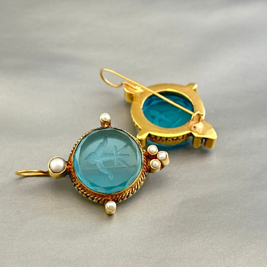 Blue Round Intaglio Earrings, Victorian Bridal Style, Gold Plated, photo 8