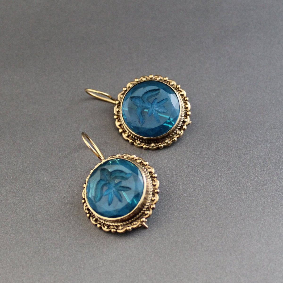 Blue Glass Intaglio Earrings, Victorian Art Deco Style, Brass, photo 6