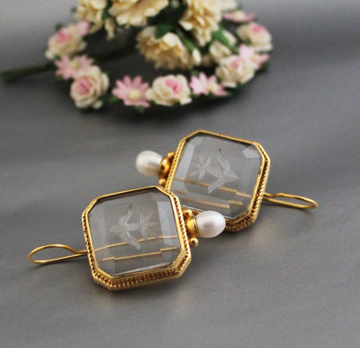 Clear Crystal Intaglio Earrings, 1920s Art Deco Engraved, Gold