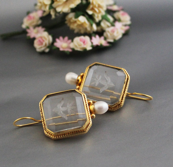 Clear Crystal Intaglio Earrings, 1920s Art Deco Engraved, Gold