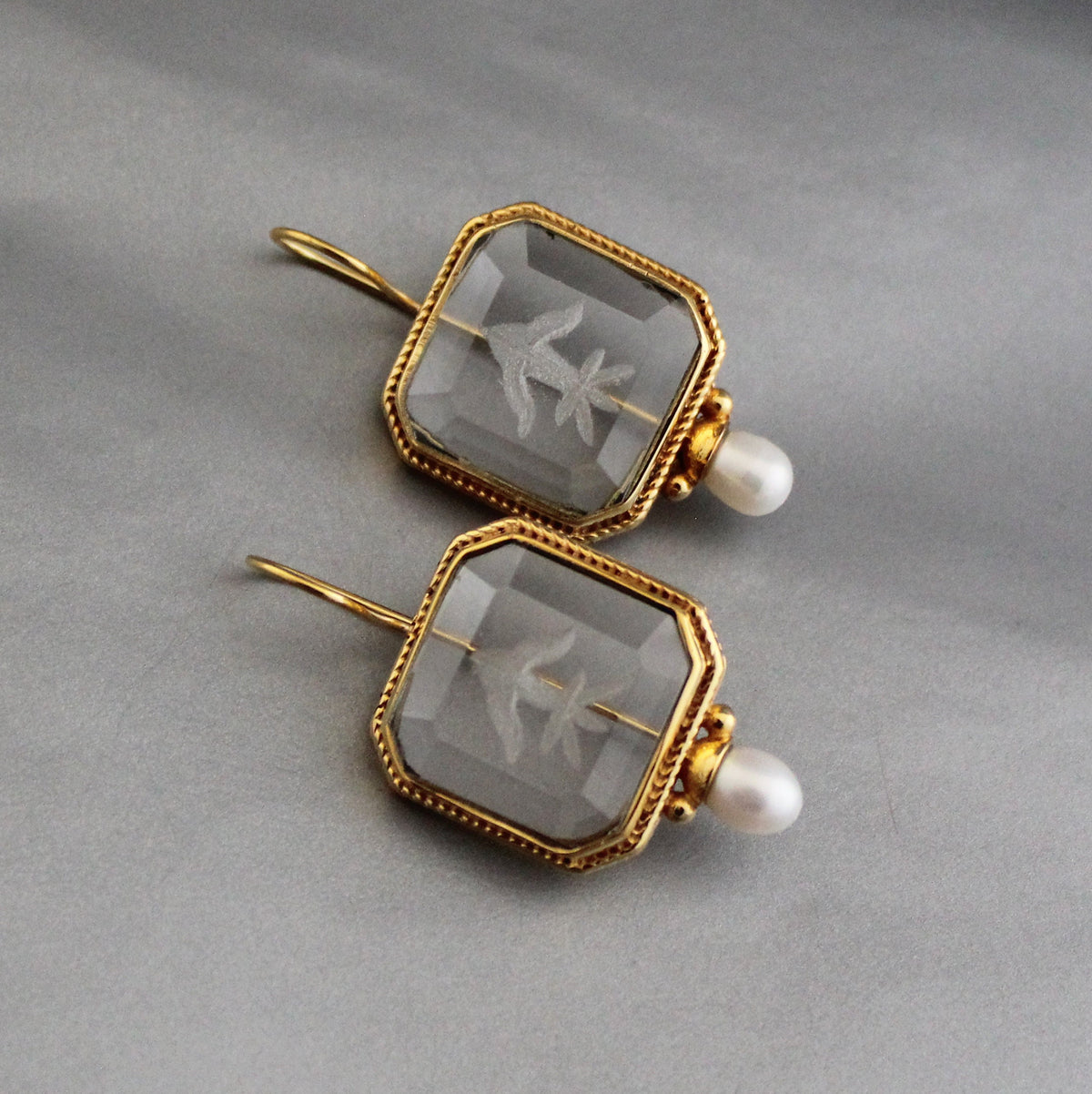 Clear Crystal Intaglio Earrings, 1920s Art Deco Engraved, Gold, photo 8
