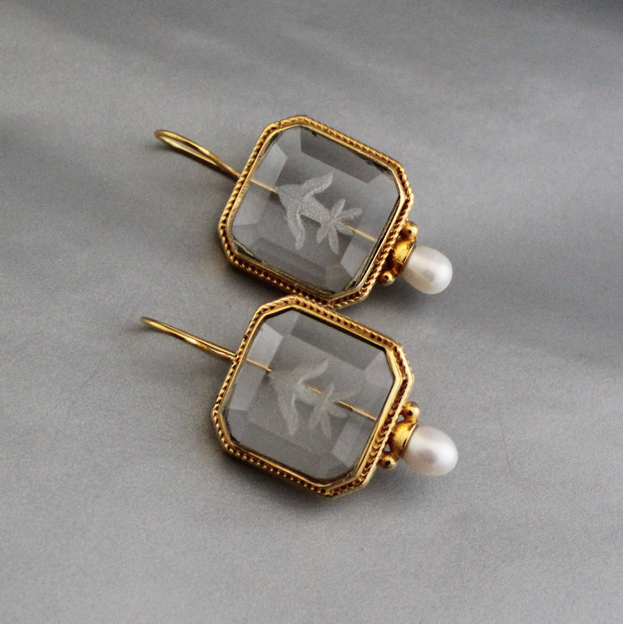 Clear Crystal Intaglio Earrings, 1920s Art Deco Engraved, Gold, photo 8