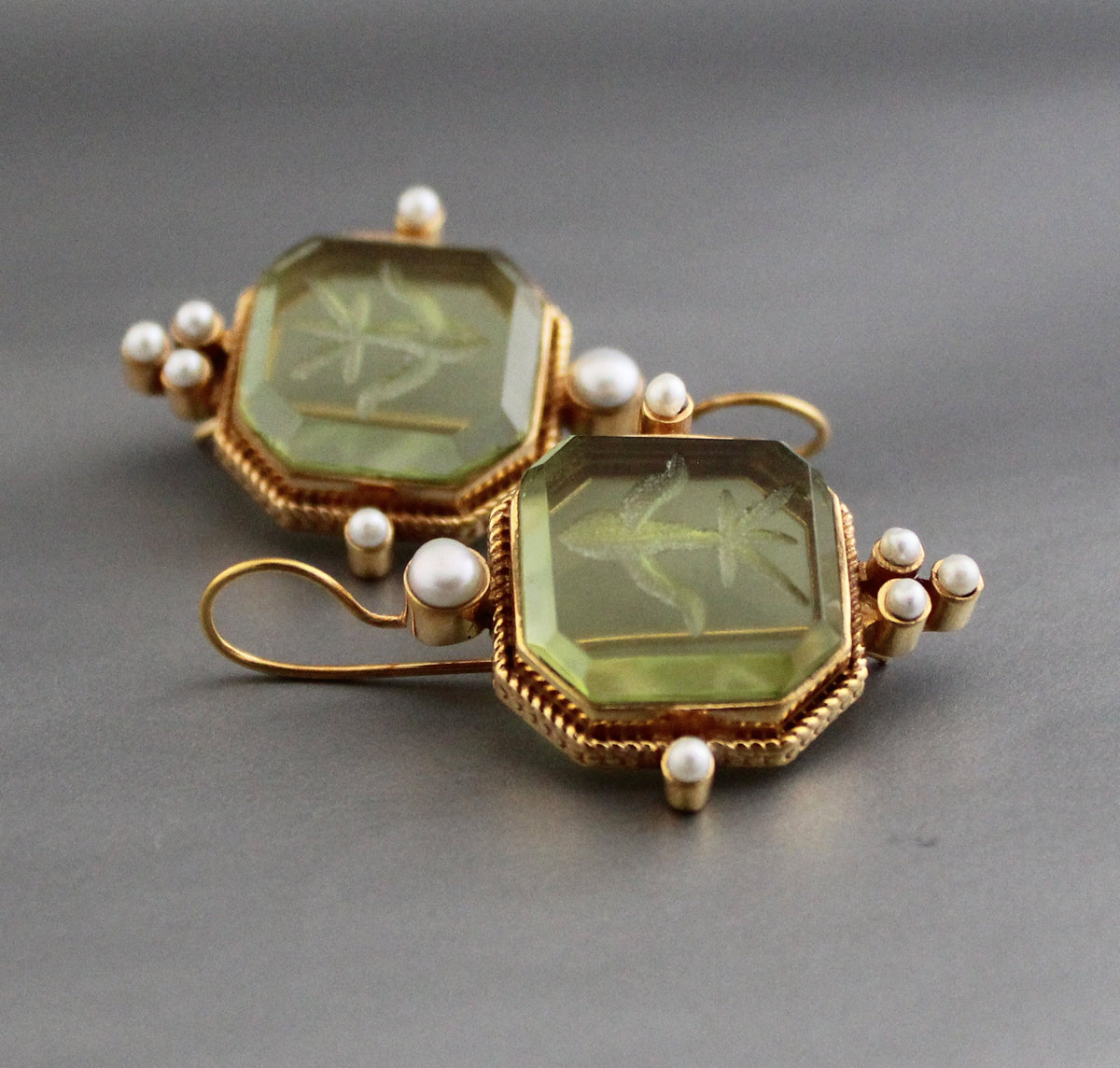 Green Square Intaglio Earrings, 1920s Art Deco Pearl Drops, Gold Plated, photo 10