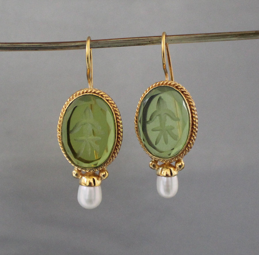 Green Intaglio Glass Earrings, Victorian Bridal Pearl Drops, 18K Gold Vermeil, photo 4
