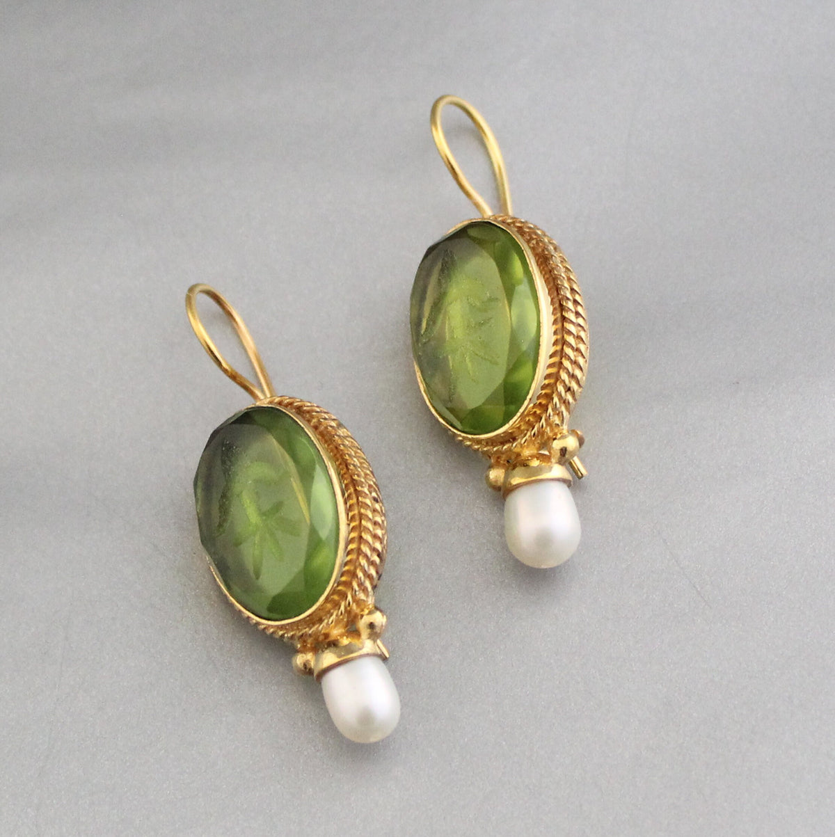 Green Intaglio Glass Earrings, Victorian Bridal Pearl Drops, 18K Gold Vermeil, photo 6