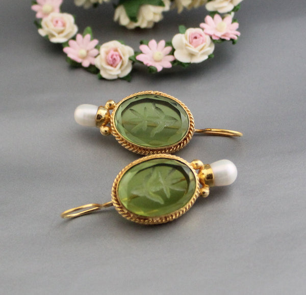 Green Intaglio Glass Earrings, Victorian Style, Brass with Pearl