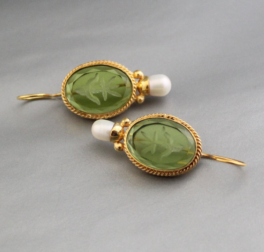 Green Intaglio Glass Earrings, Victorian Bridal Pearl Drops, 18K Gold Vermeil, photo 8