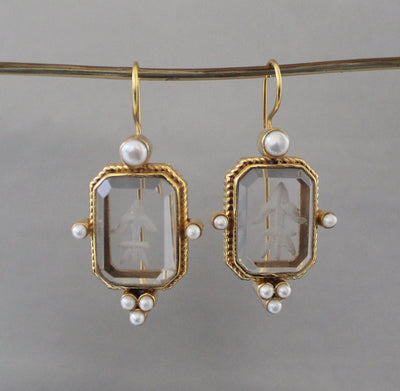 Intaglio Crystal Earrings, Edwardian Style, Brass with Pearls, photo 6
