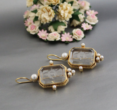 Intaglio Crystal Earrings, Edwardian Style, Brass with Pearls, photo 7