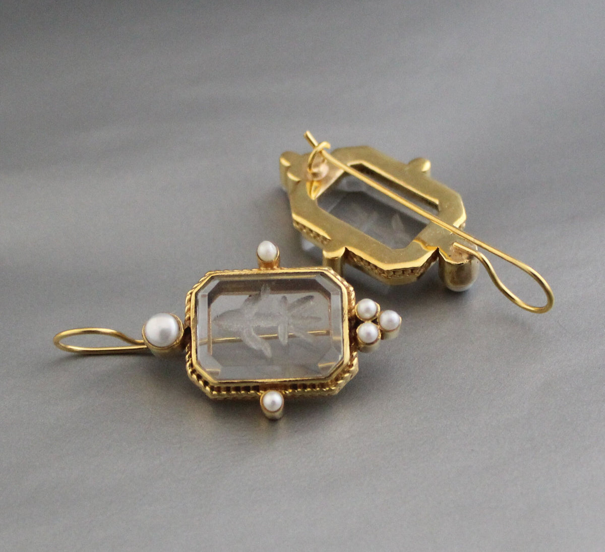 Intaglio Crystal Earrings, Edwardian Style, Brass with Pearls, photo 2