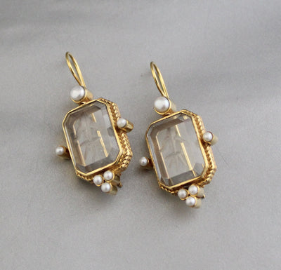 Intaglio Crystal Earrings, Edwardian Style, Brass with Pearls, photo 10
