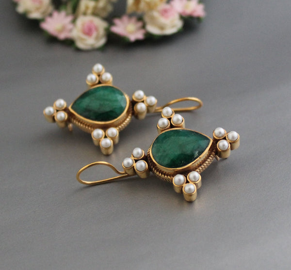 Emerald Bridal Earrings, Art Deco Edwardian Style, Gold
