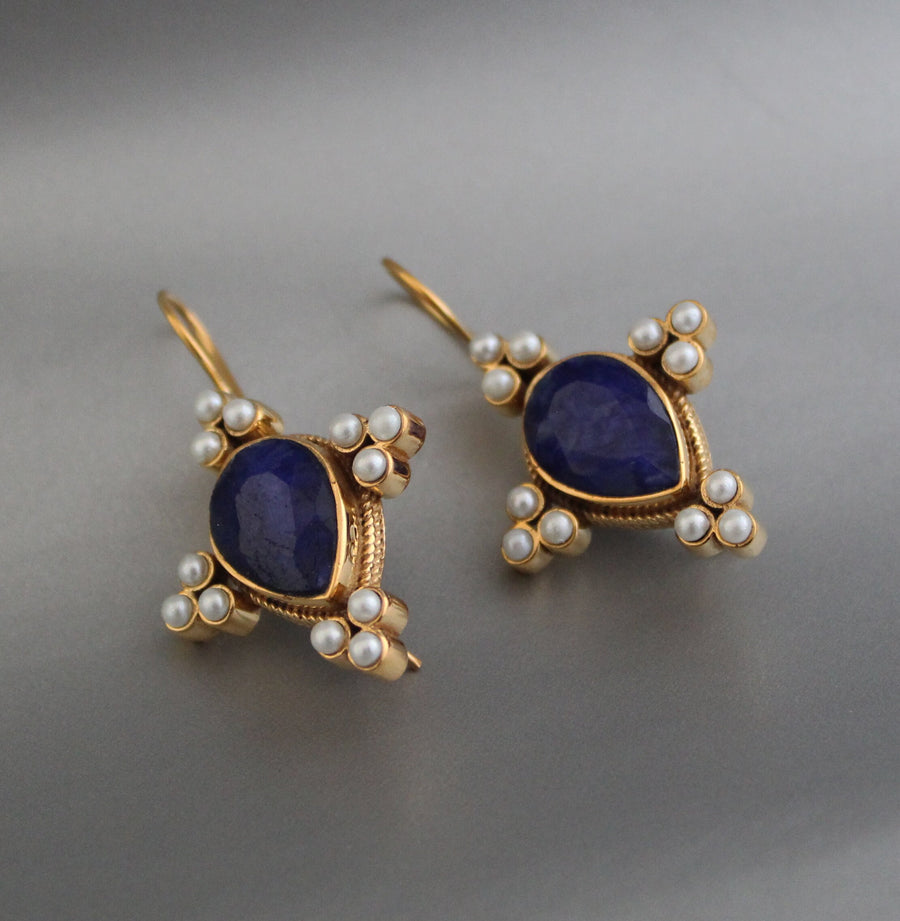 Sapphire and Pearl Earrings, Edwardian Art Deco Style, Gold, photo 4