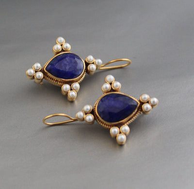 Sapphire and Pearl Earrings, Edwardian Art Deco Style, Gold, photo 6
