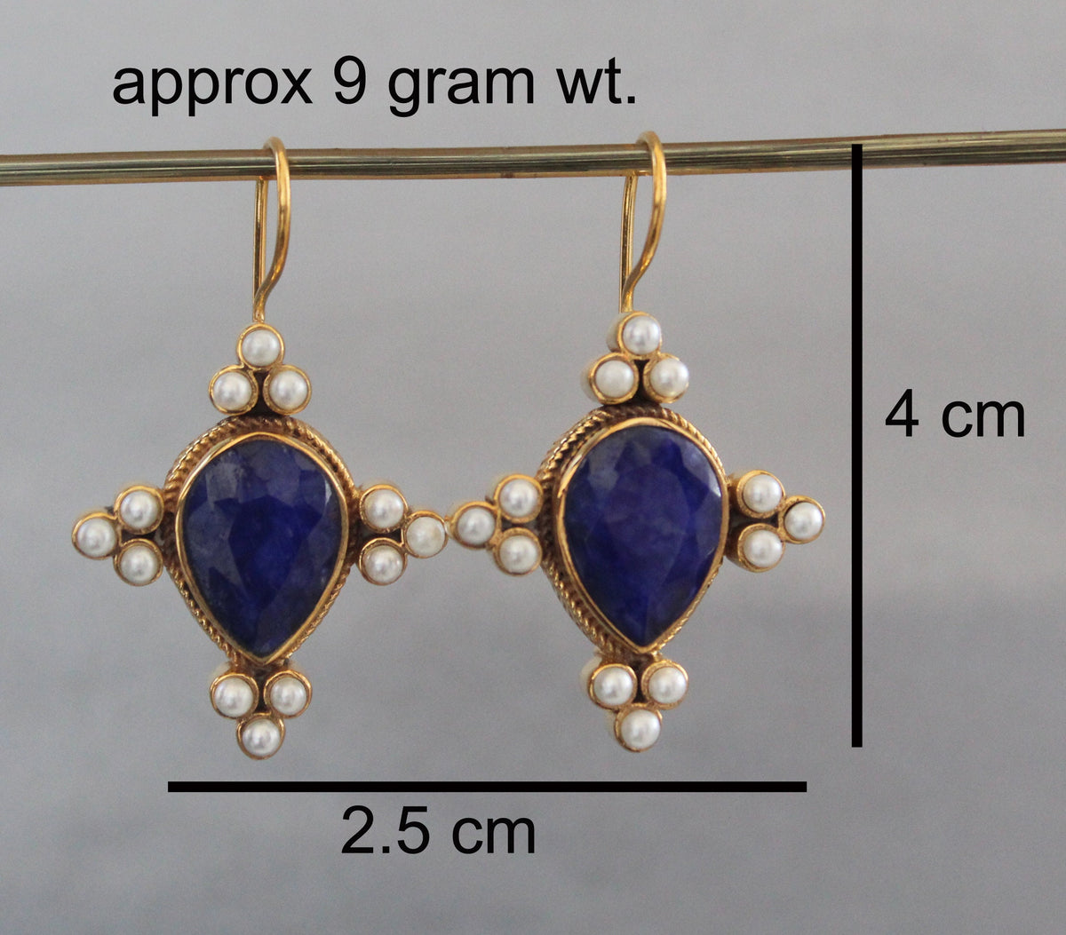 Sapphire and Pearl Earrings, Edwardian Art Deco Style, Gold, photo 3