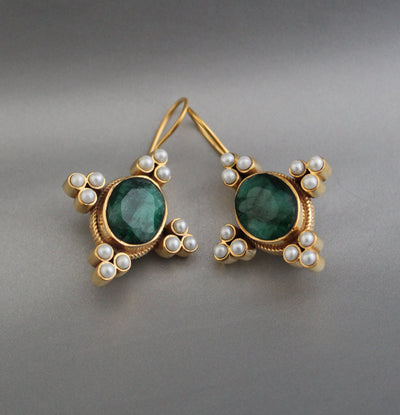 Emerald Oval Intaglio Earrings, 1920s Bridal Style, Gold, photo 6