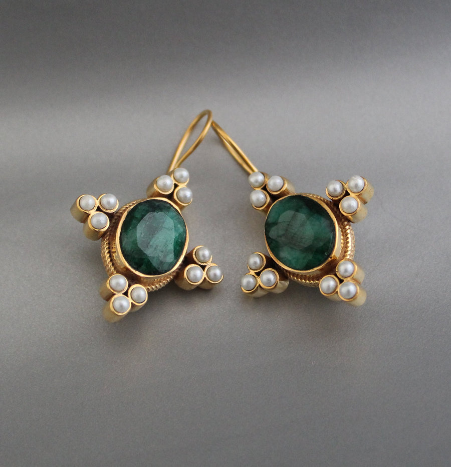 Emerald Oval Intaglio Earrings, 1920s Bridal Style, Gold, photo 6