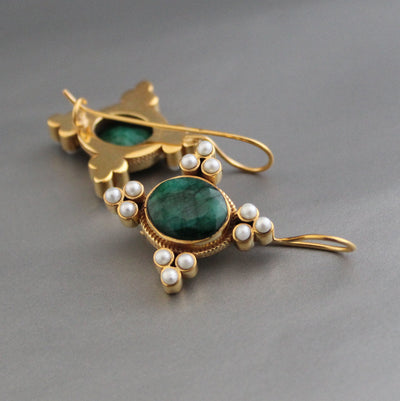 Emerald Oval Intaglio Earrings, 1920s Bridal Style, Gold, photo 9
