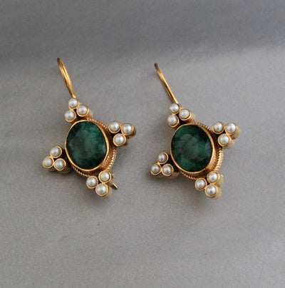 Emerald Oval Intaglio Earrings, 1920s Bridal Style, Gold, photo 10
