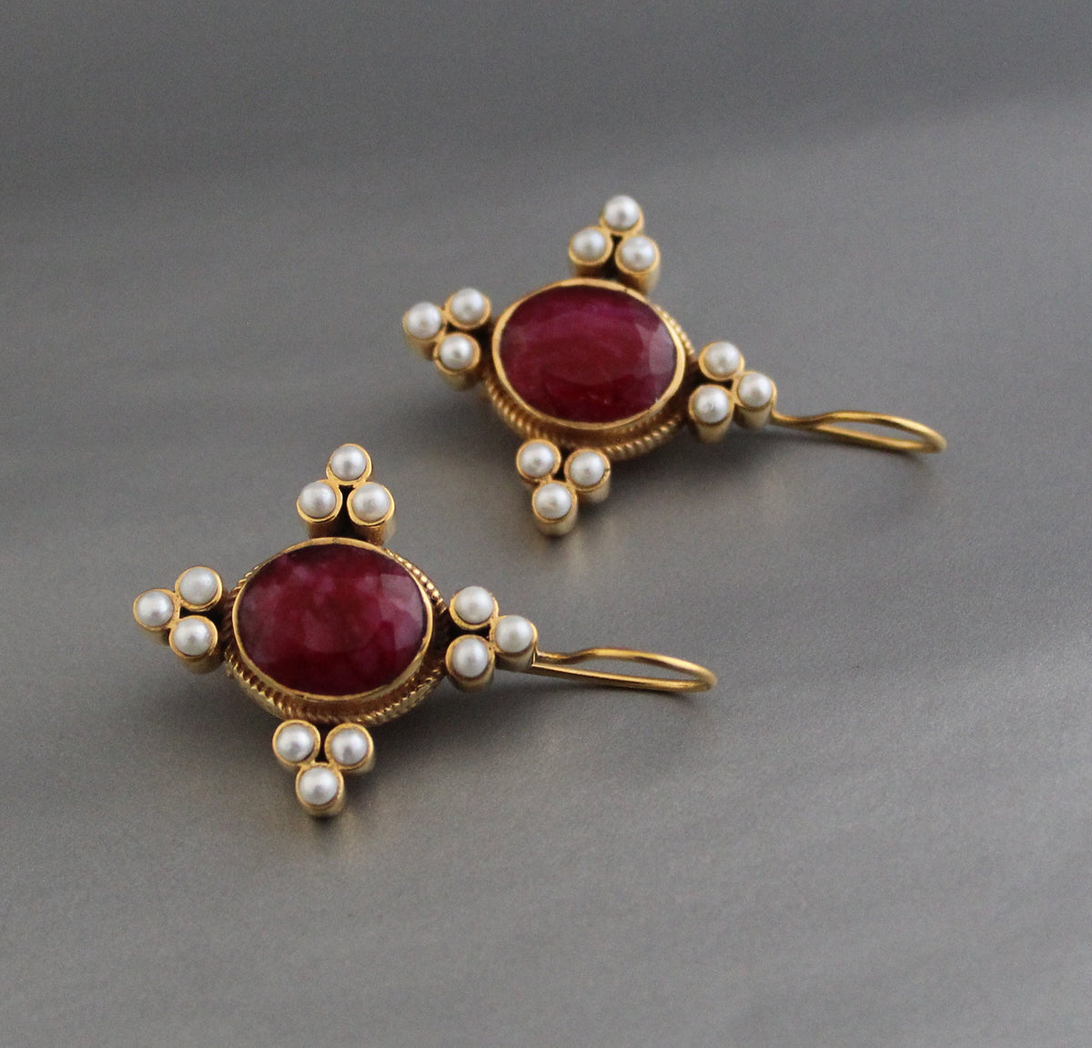 Ruby and Pearl Earrings, Edwardian Victorian Style, Art Nouveau Gold, photo 5
