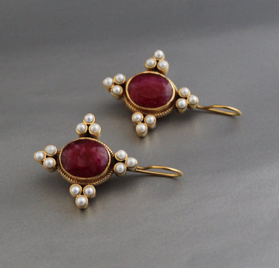 Ruby and Pearl Earrings, Edwardian Victorian Style, Art Nouveau Gold, photo 5