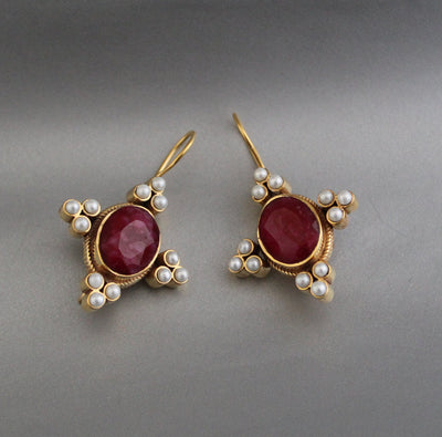 Ruby and Pearl Earrings, Edwardian Victorian Style, Art Nouveau Gold, photo 10