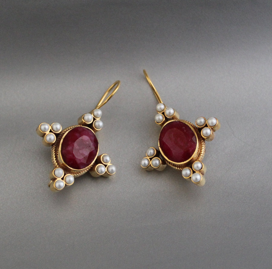 Ruby and Pearl Earrings, Edwardian Victorian Style, Art Nouveau Gold, photo 10