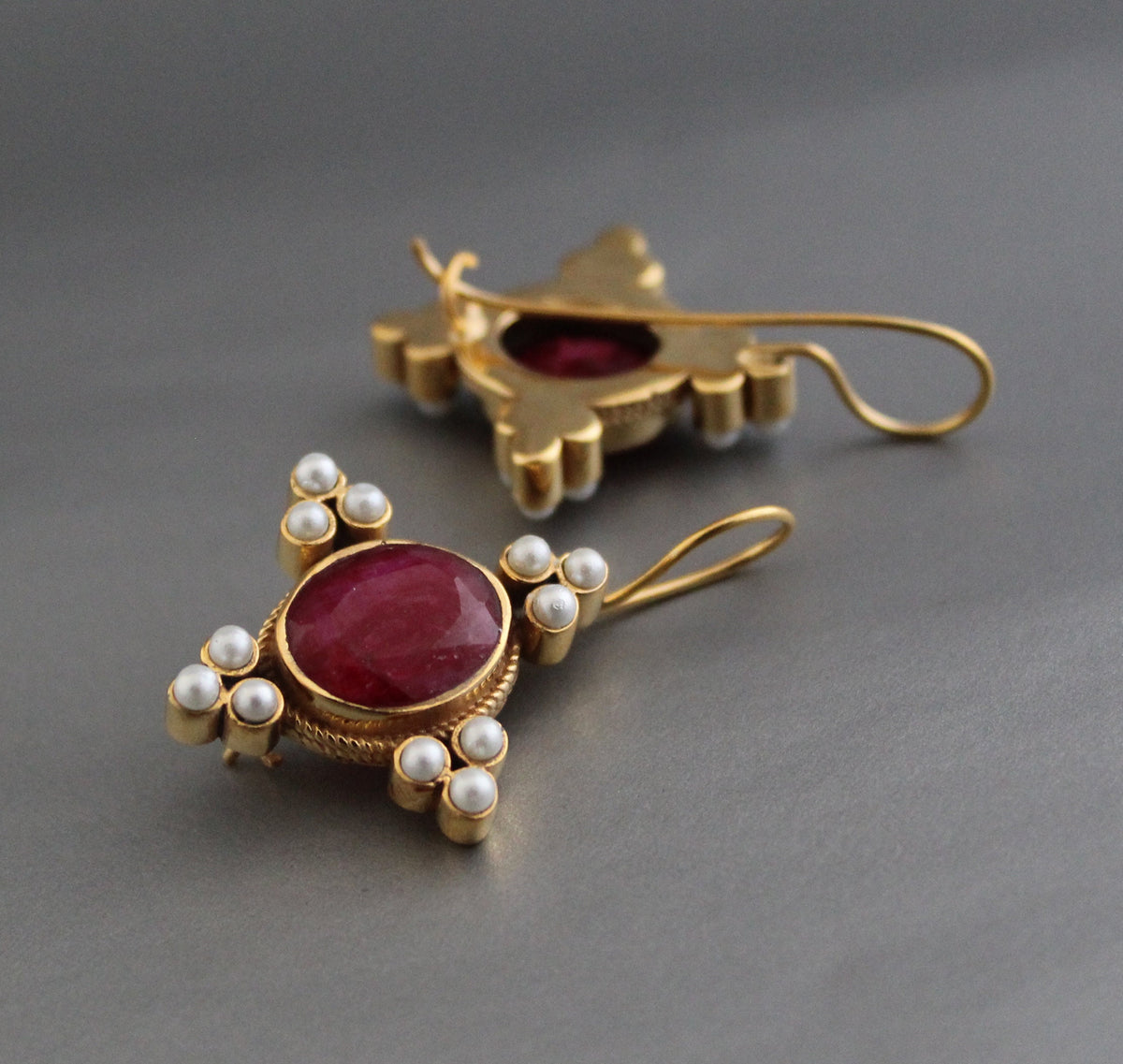 Ruby and Pearl Earrings, Edwardian Victorian Style, Art Nouveau Gold, photo 12