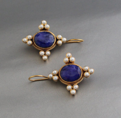 Blue Sapphire and Pearl Earrings, Regency Art Deco Style, 18K Gold Vermeil, photo 2