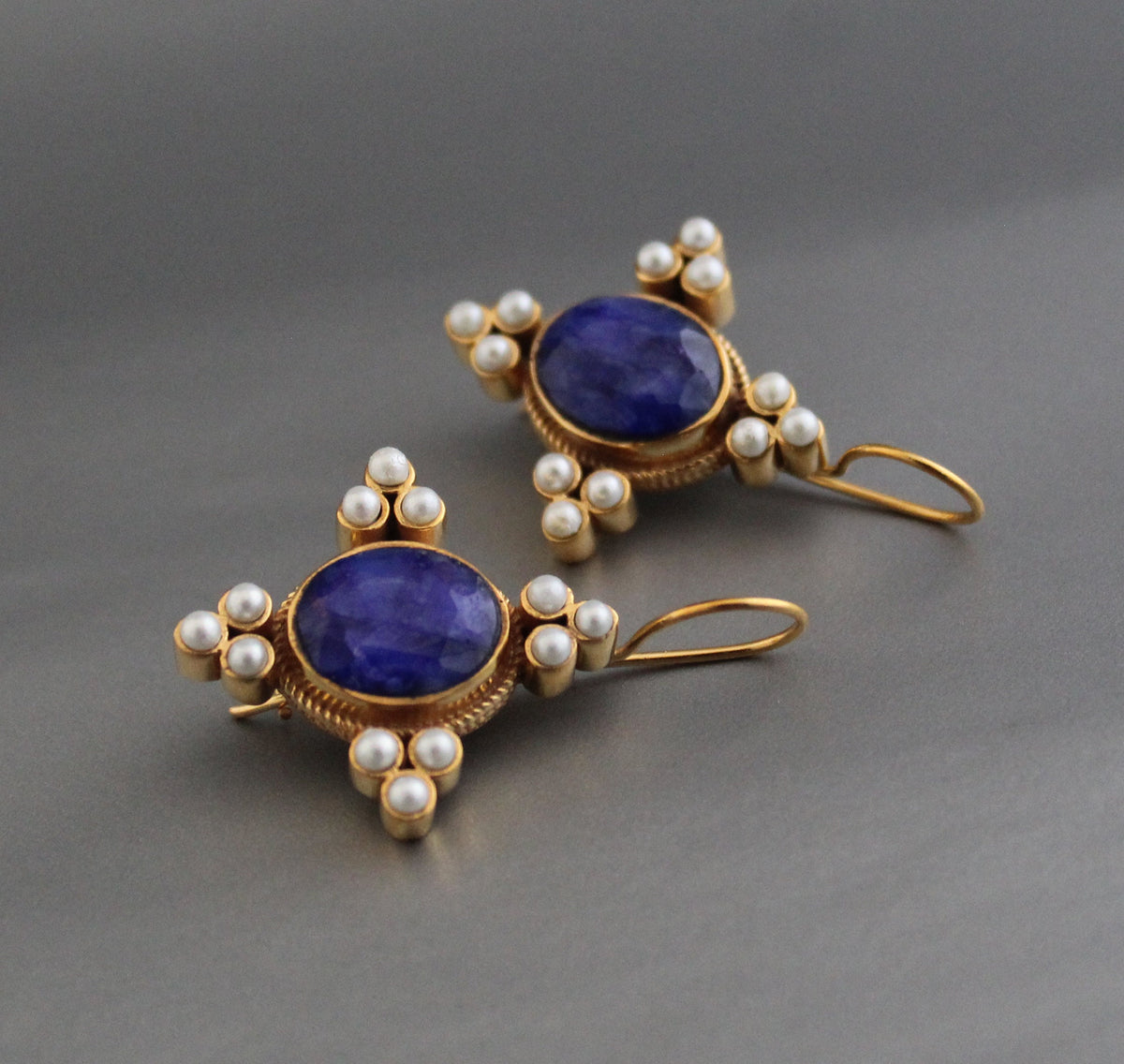 Blue Sapphire and Pearl Earrings, Regency Art Deco Style, 18K Gold Vermeil, photo 4
