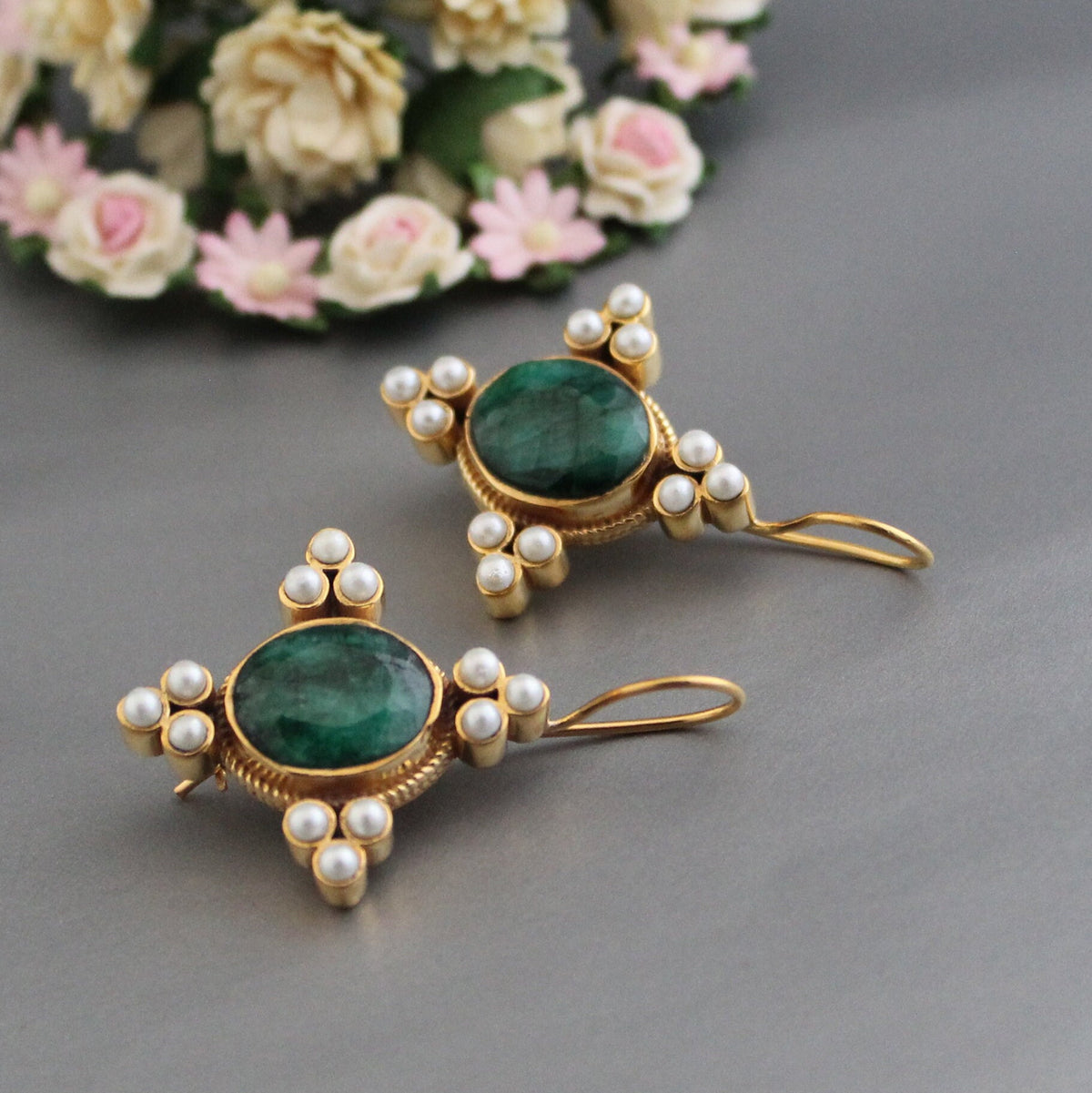 Emerald Oval Intaglio Earrings, 1920s Bridal Style, Gold