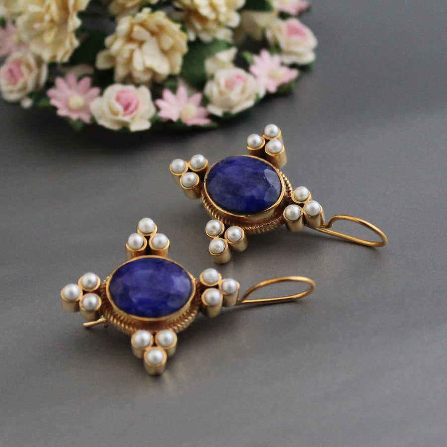 Blue Sapphire and Pearl Earrings, Regency Art Deco Style, 18K Gold Vermeil