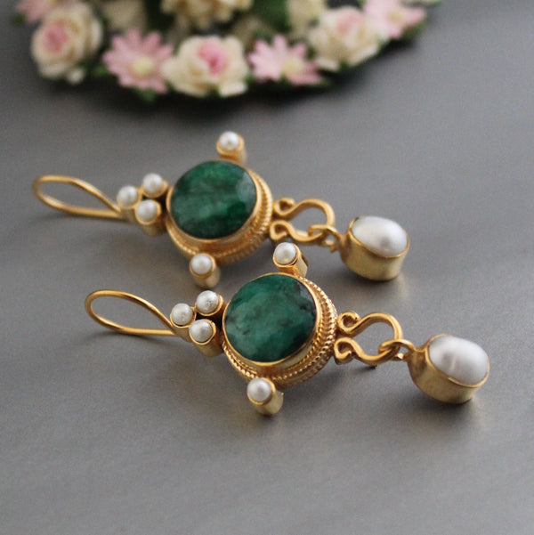 Emerald and Pearl Drop Earrings, Art Deco Victorian Style, Gold