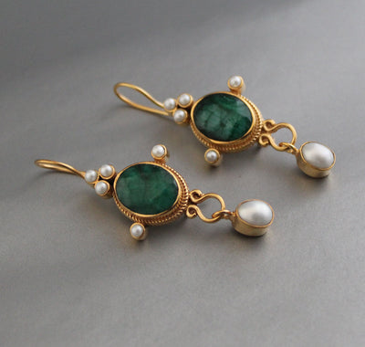 Emerald and Pearl Earrings, Art Nouveau Style, 18K Gold, photo 5