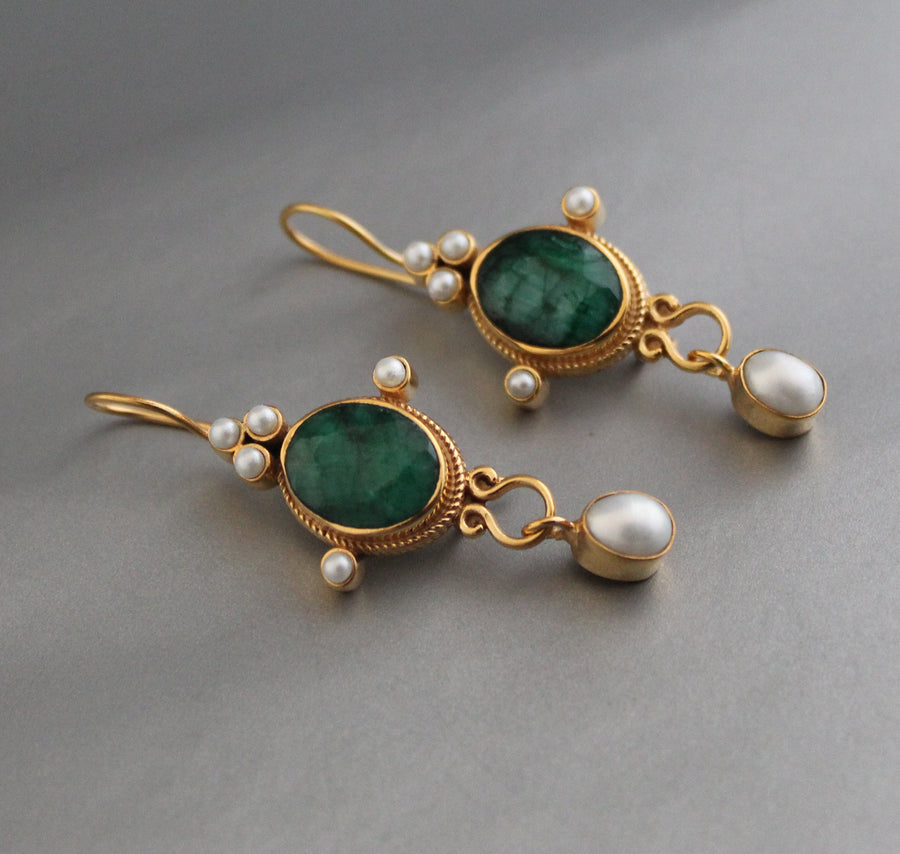 Emerald and Pearl Earrings, Art Nouveau Style, 18K Gold, photo 5