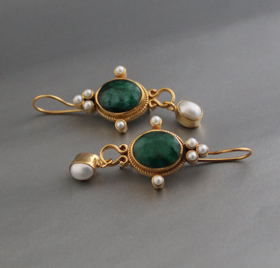 Emerald and Pearl Earrings, Art Nouveau Style, 18K Gold, photo 7