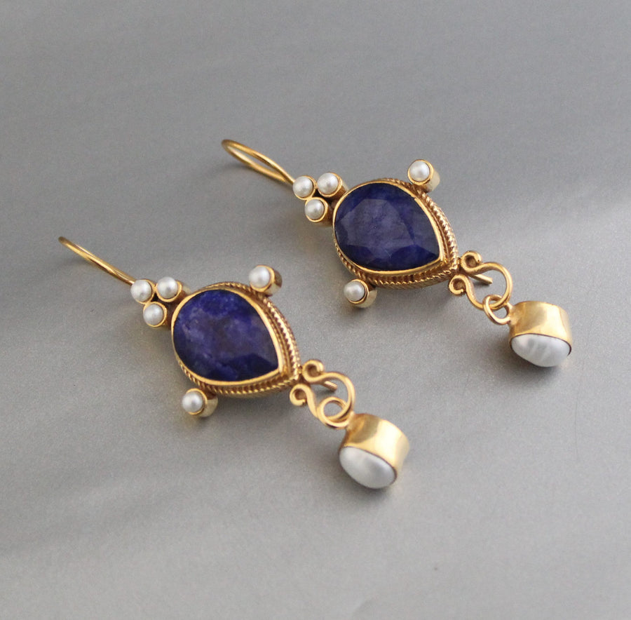 Sapphire Intaglio Earrings, Pear Cut, Victorian Style, 18K Gold Vermeil