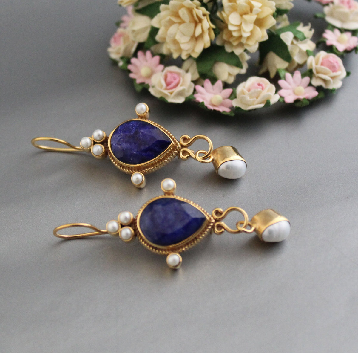 Sapphire Intaglio Earrings, Pear Cut, Victorian Style, 18K Gold Vermeil, photo 10