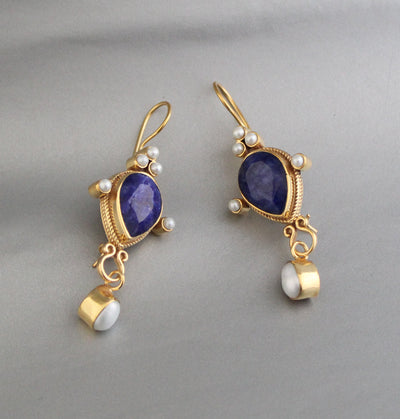 Sapphire Intaglio Earrings, Pear Cut, Victorian Style, 18K Gold Vermeil, photo 5
