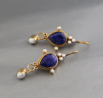 Sapphire Intaglio Earrings, Pear Cut, Victorian Style, 18K Gold Vermeil, photo 6