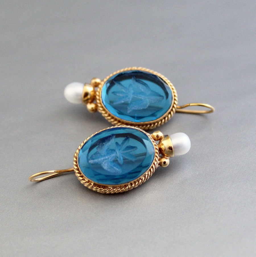 Blue Glass Intaglio Earrings, Vintage Victorian Style, 18K Gold, photo 2