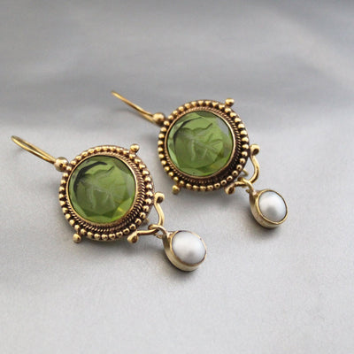 Green Glass Intaglio Earrings, Vintage Victorian Style, Gold, photo 2