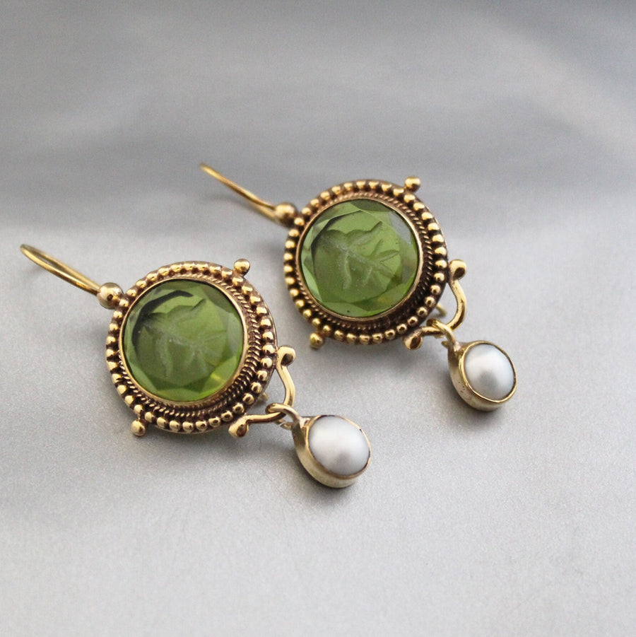 Green Glass Intaglio Earrings, Vintage Victorian Style, Gold, photo 2