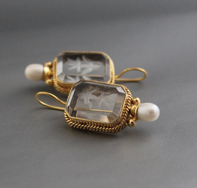 Clear Crystal Intaglio Earrings, Natural Pearl, Greek Roman Style, photo 4