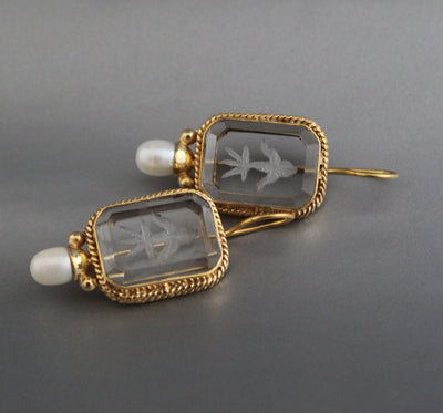 Clear Crystal Intaglio Earrings, Natural Pearl, Greek Roman Style, photo 8