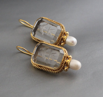 Clear Crystal Intaglio Earrings, Natural Pearl, Greek Roman Style, photo 10