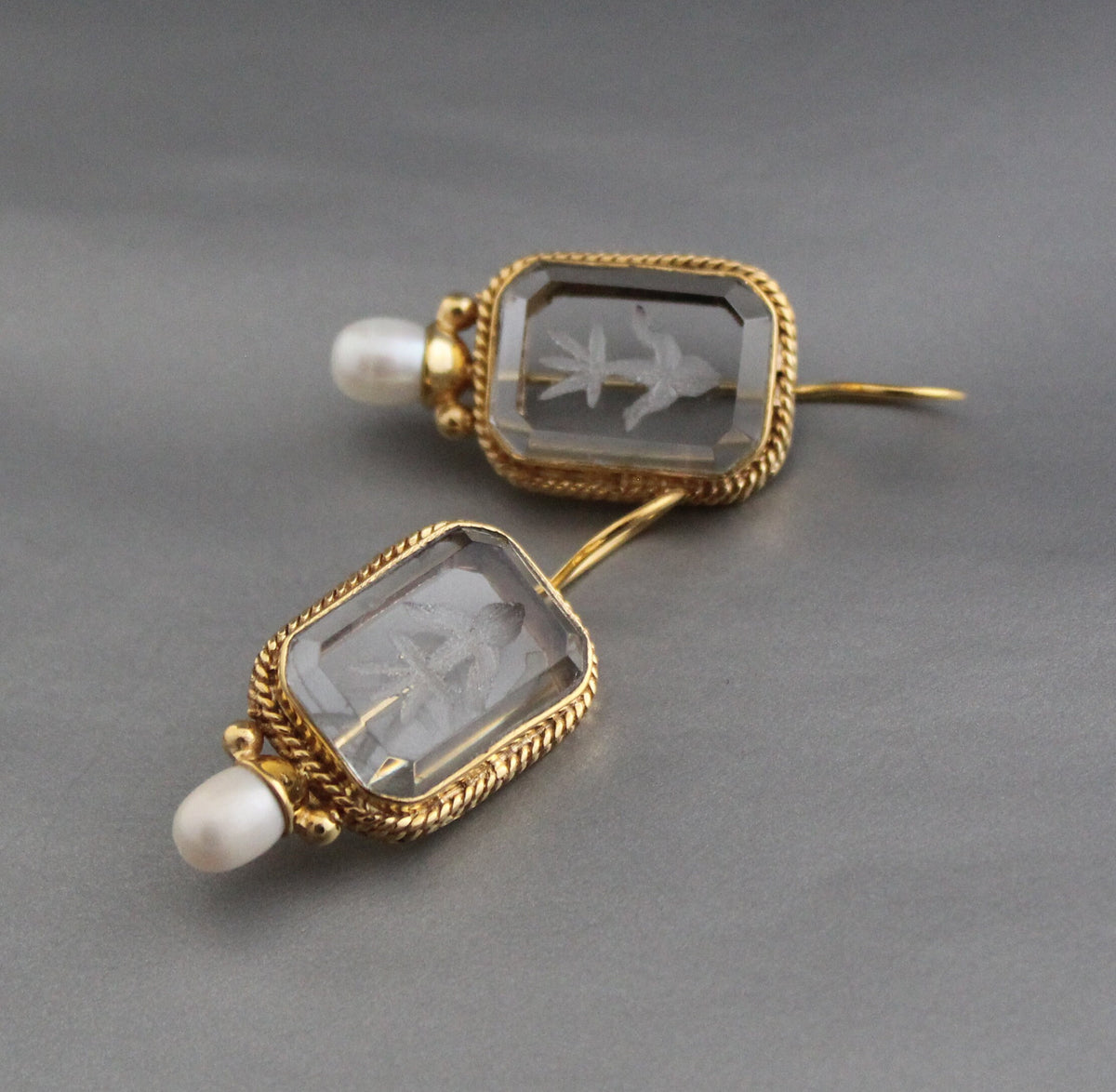 Clear Crystal Intaglio Earrings, Natural Pearl, Greek Roman Style, photo 9