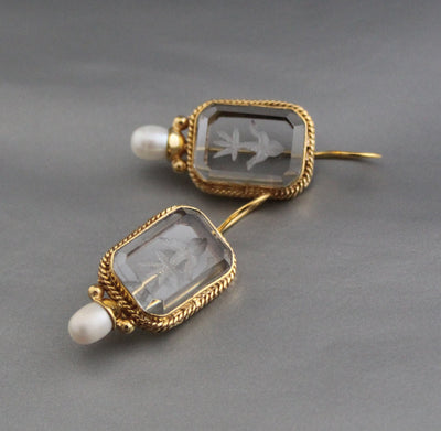 Clear Crystal Intaglio Earrings, Natural Pearl, Greek Roman Style, photo 9