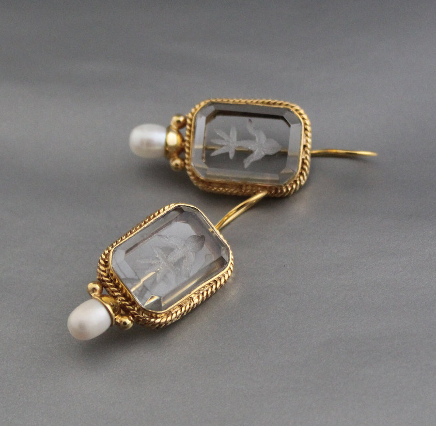 Clear Crystal Intaglio Earrings, Natural Pearl, Greek Roman Style, photo 9